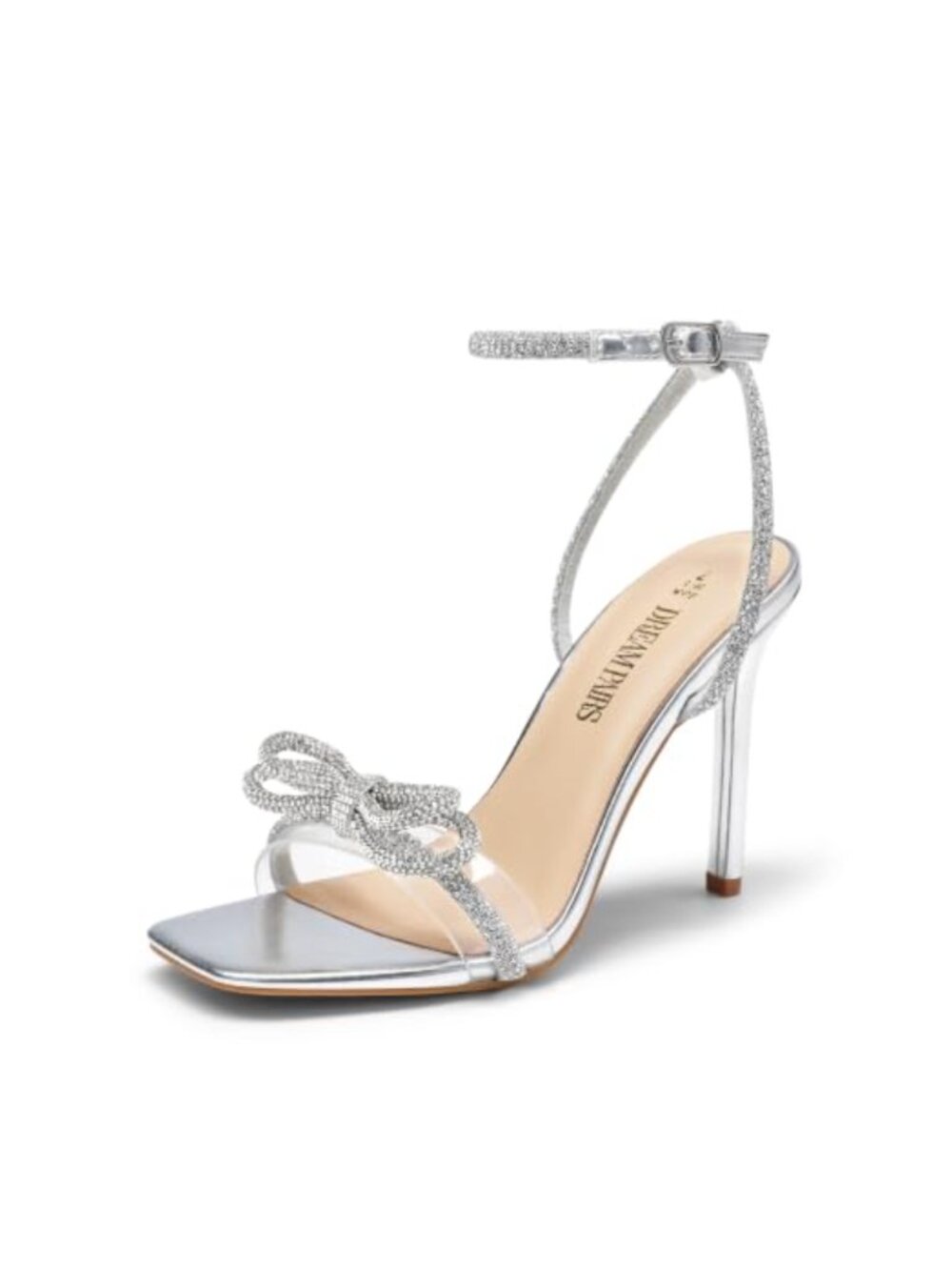 Women's Stiletto Heels Transparent Rhinestone Slingback Square Toe Sandals for